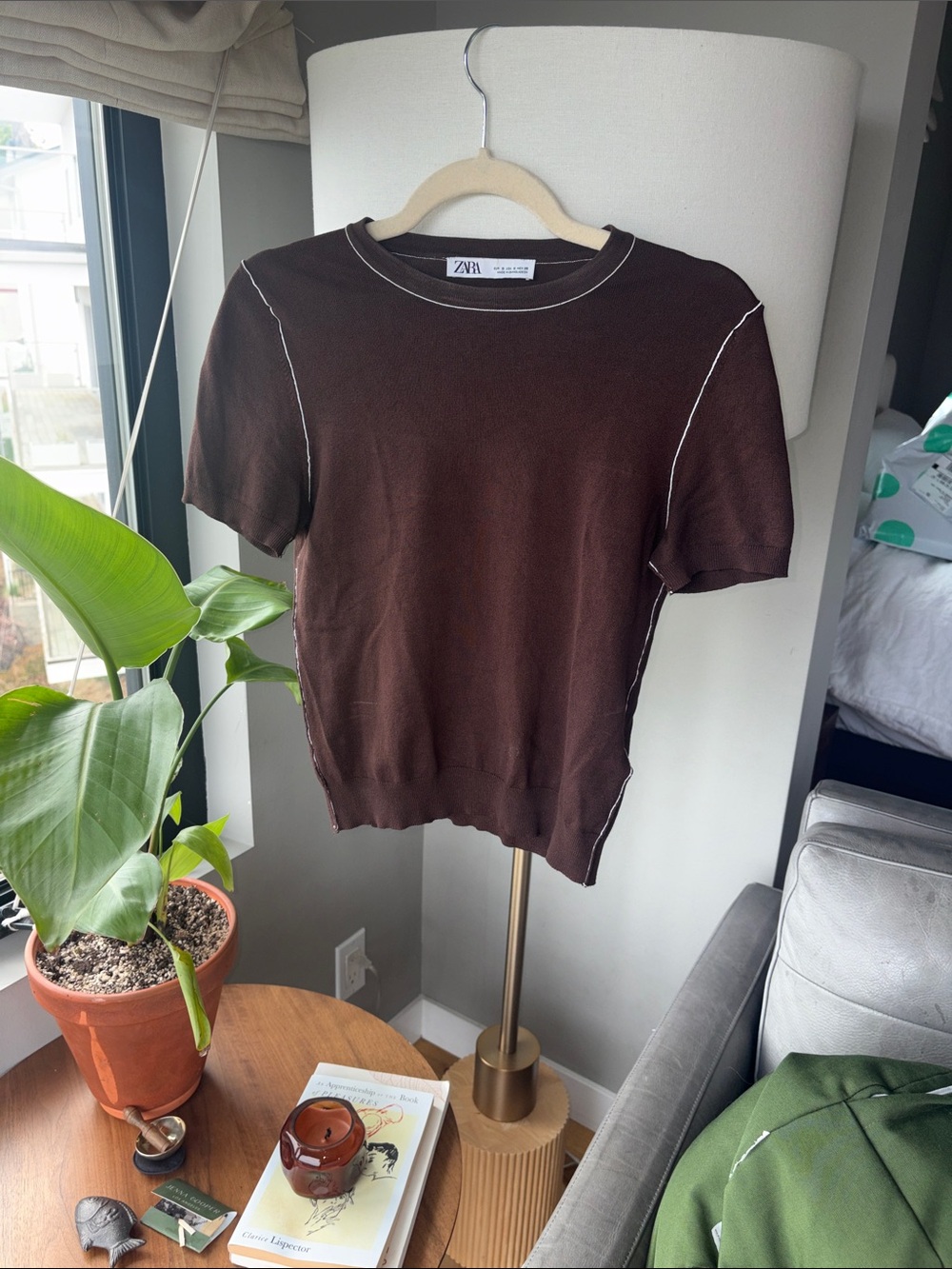 Zara Brown Short Sleeve Knit with Contrast Stitching
